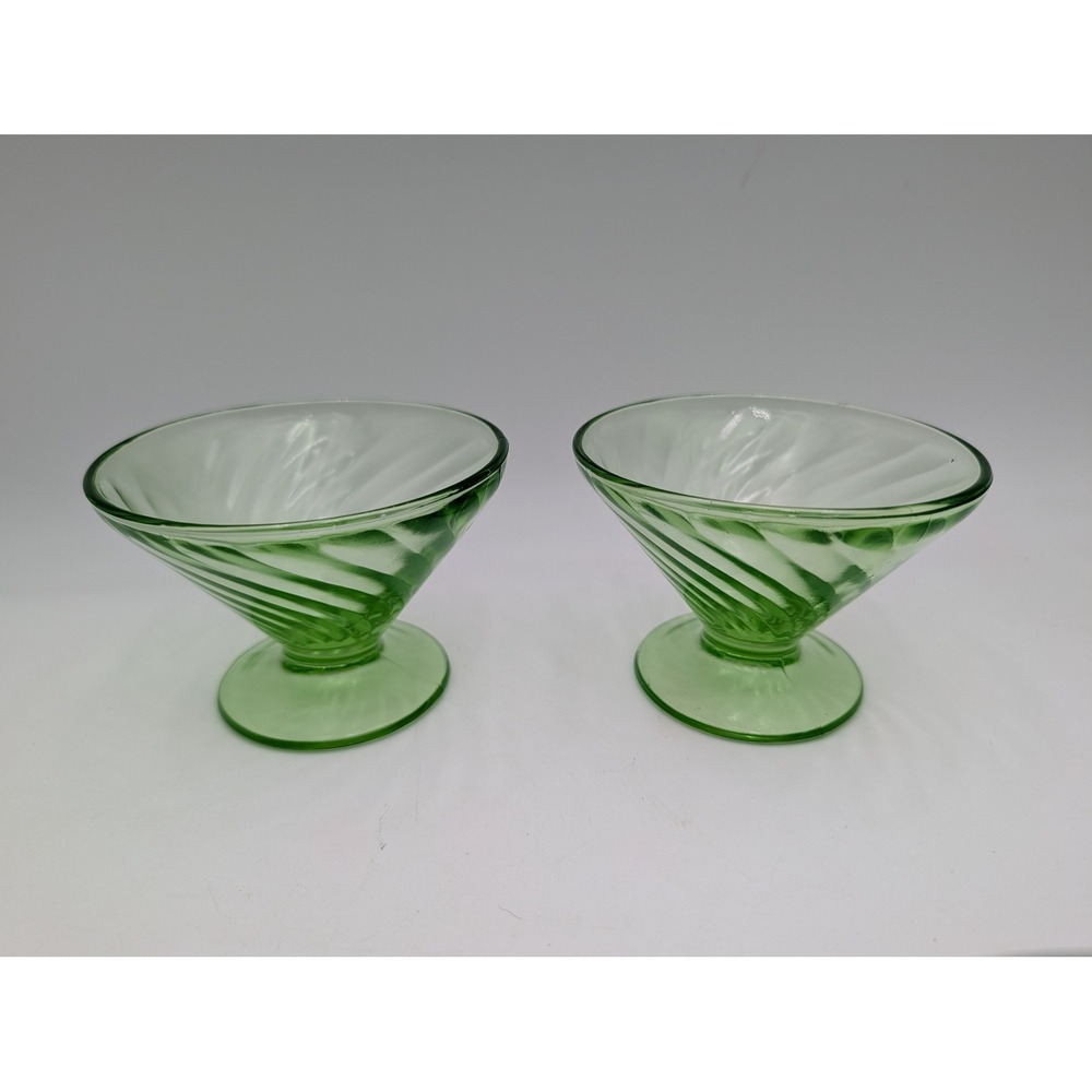 Vintage Uranium Glass Dessert Bowls‎ Green Swirl Optic Footed Set of 2